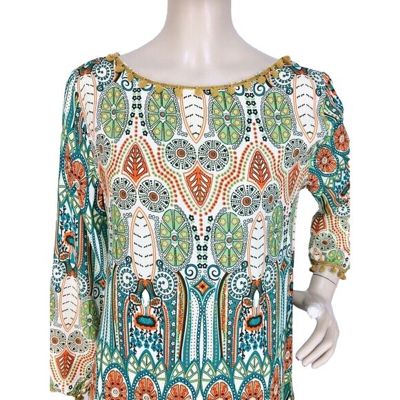 Pom-Pom Fringe Trim Retro Art Deco V-Back Boho Tunic Dress Size Small - Picture 4 of 6